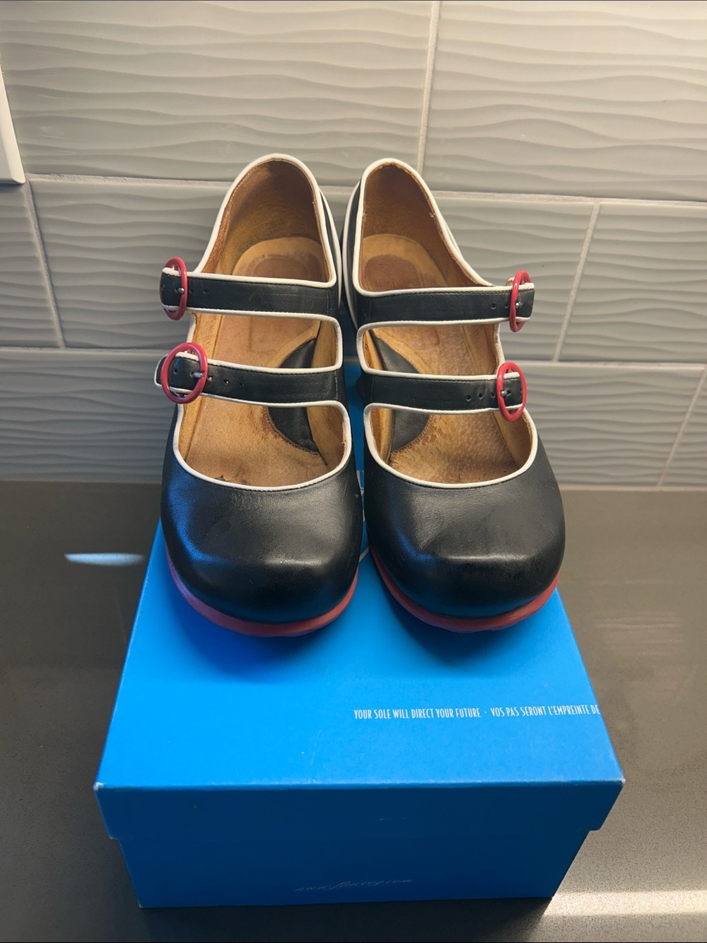John Fluevog Black Mary Jane Heels with Pink Buckles